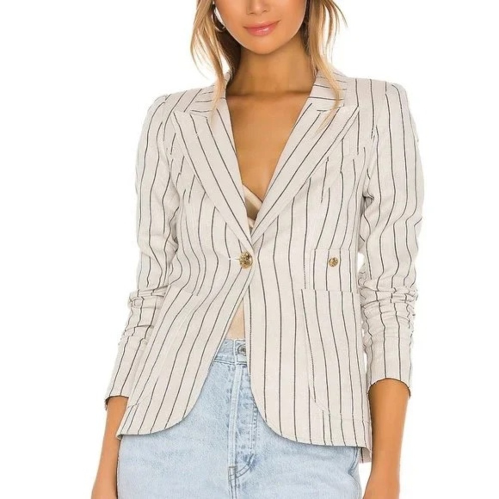 NEW Smythe Duchess Blazer Linen Ivory Stripe Black Leather Elbow Patch Size 4